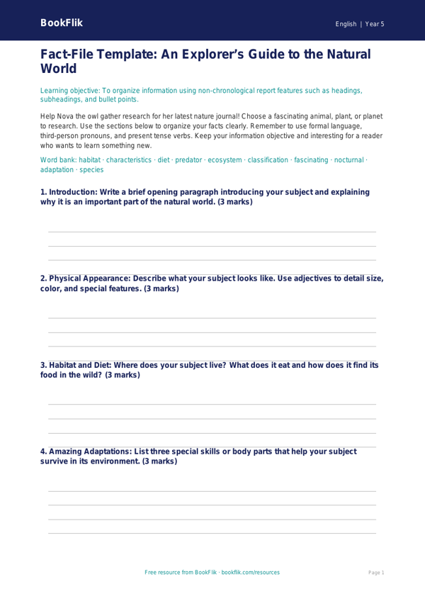 Free Non Chronological Reports Template | Grade 4 | ELA | BookFlik worksheet preview — English Non Chronological Reports