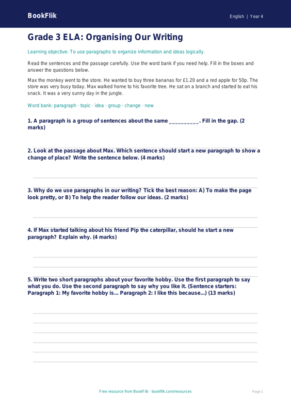 Free Paragraphs Assessment | Grade 3 | ELA | BookFlik worksheet preview — English Paragraphs