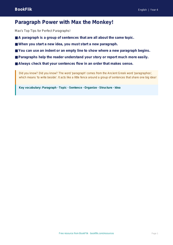 Free Paragraphs Poster | Grade 3 | ELA | BookFlik worksheet preview — English Paragraphs