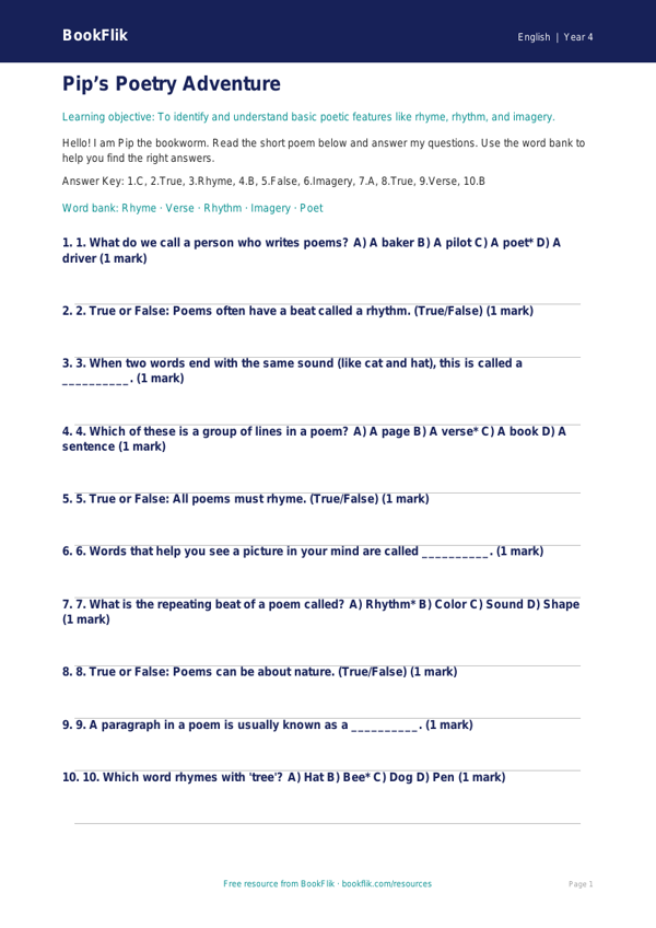 Free Poetry Quiz | Grade 3 | ELA | BookFlik worksheet preview — English Poetry