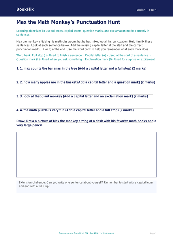 Free Punctuation Activity Sheet | Grade 3 | ELA | BookFlik worksheet preview — English Punctuation