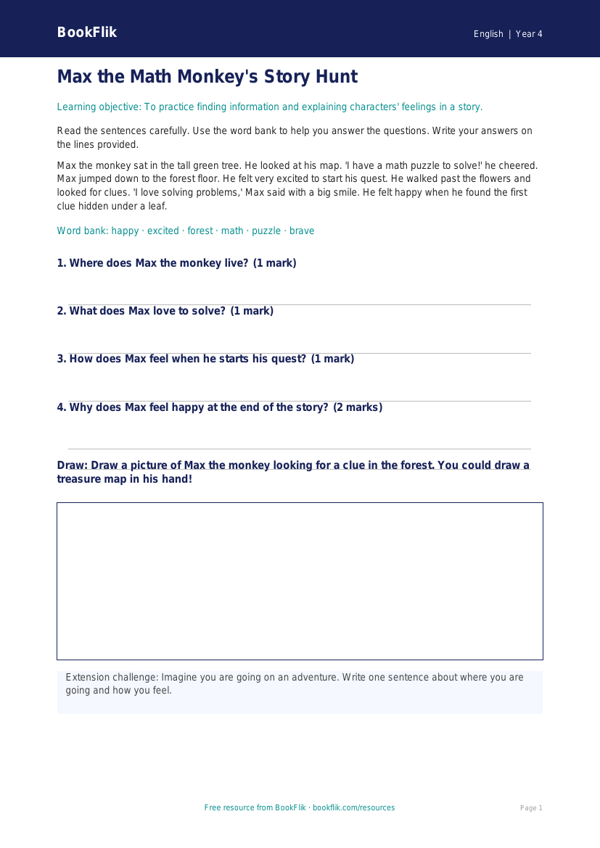 Free Reading Comprehension Worksheet | Grade 3 | ELA | BookFlik worksheet preview — English Reading Comprehension