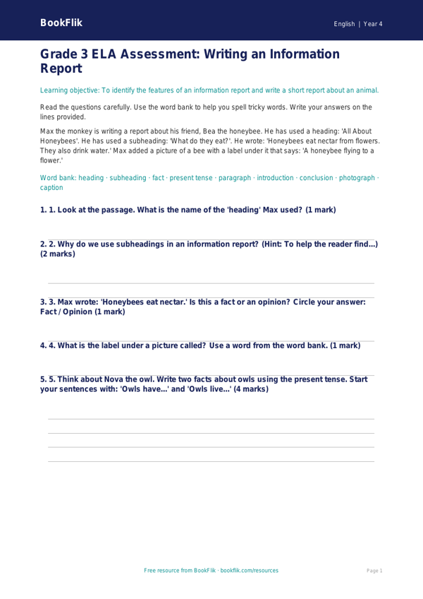 Free Report Writing Assessment | Grade 3 | ELA | BookFlik worksheet preview — English Report Writing