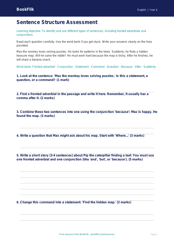 Free Sentence Structure Assessment | Grade 3 | ELA | BookFlik worksheet preview — English Sentence Structure