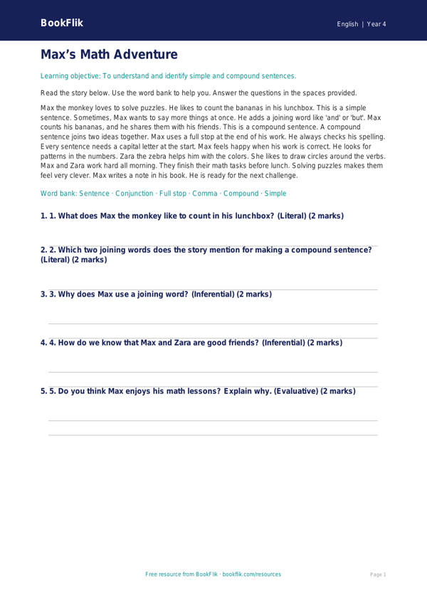 Free Sentence Structure Comprehension | Grade 3 | ELA | BookFlik worksheet preview — English Sentence Structure