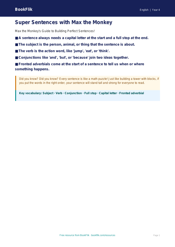 Free Sentence Structure Poster | Grade 3 | ELA | BookFlik worksheet preview — English Sentence Structure