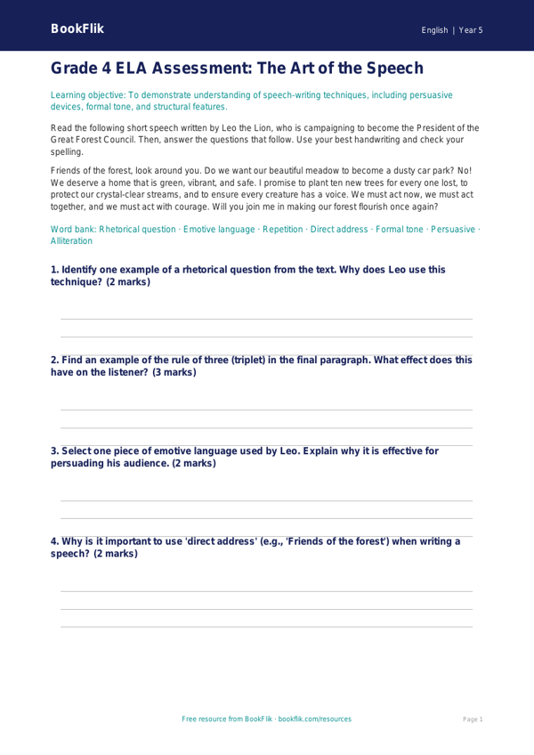 Free Speech Writing Assessment | Grade 4 | ELA | BookFlik worksheet preview — English Speech Writing