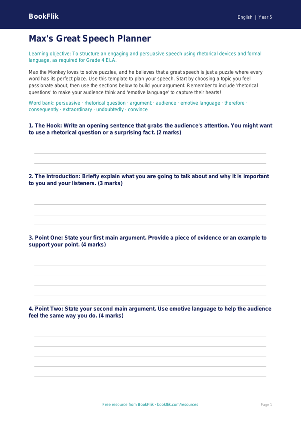 Free Speech Writing Template | Grade 4 | ELA | BookFlik worksheet preview — English Speech Writing