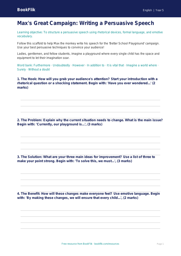 Free Speech Writing Writing Frame | Grade 4 | ELA | BookFlik worksheet preview — English Speech Writing