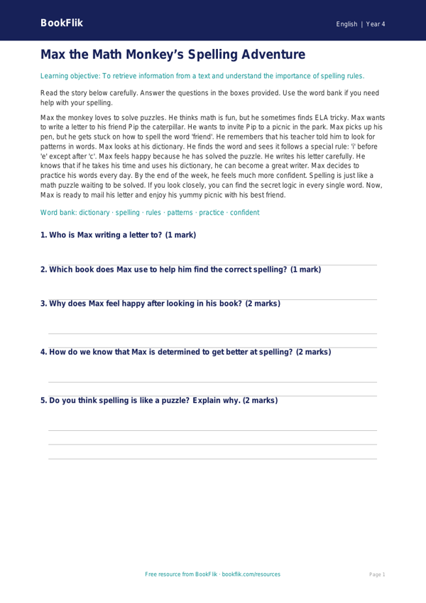Free Spelling Comprehension | Grade 3 | ELA | BookFlik worksheet preview — English Spelling