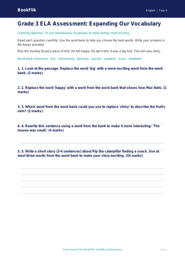 Free Vocabulary Assessment | Grade 3 | ELA | BookFlik worksheet preview — English Vocabulary