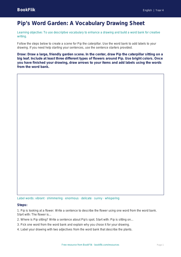 Free Vocabulary Drawing Sheet | Grade 3 | ELA | BookFlik worksheet preview — English Vocabulary