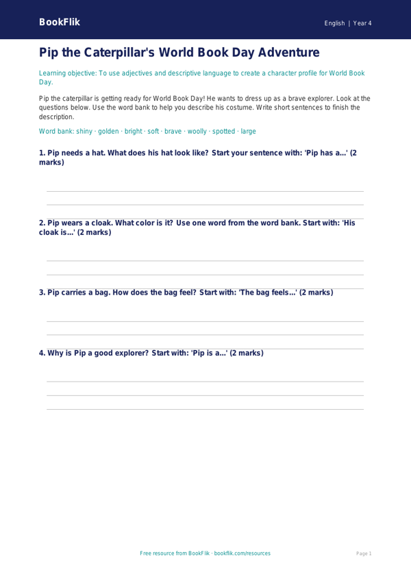 Free World Book Day Activity Sheet | Grade 3 | ELA | BookFlik worksheet preview — English World Book Day