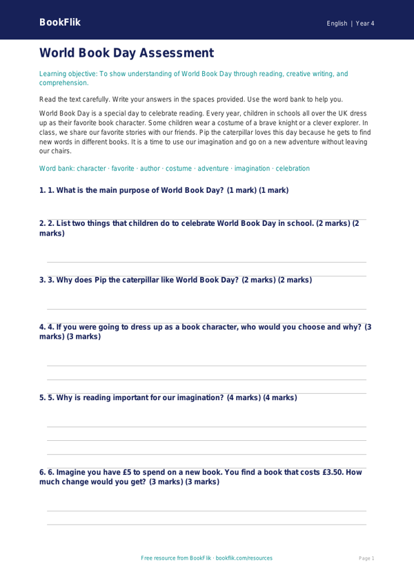 Free World Book Day Assessment | Grade 3 | ELA | BookFlik worksheet preview — English World Book Day