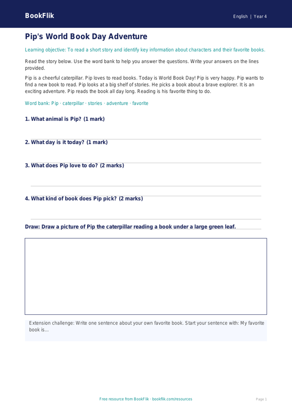 Free World Book Day Track Sheet | Grade 3 | ELA | BookFlik worksheet preview — English World Book Day