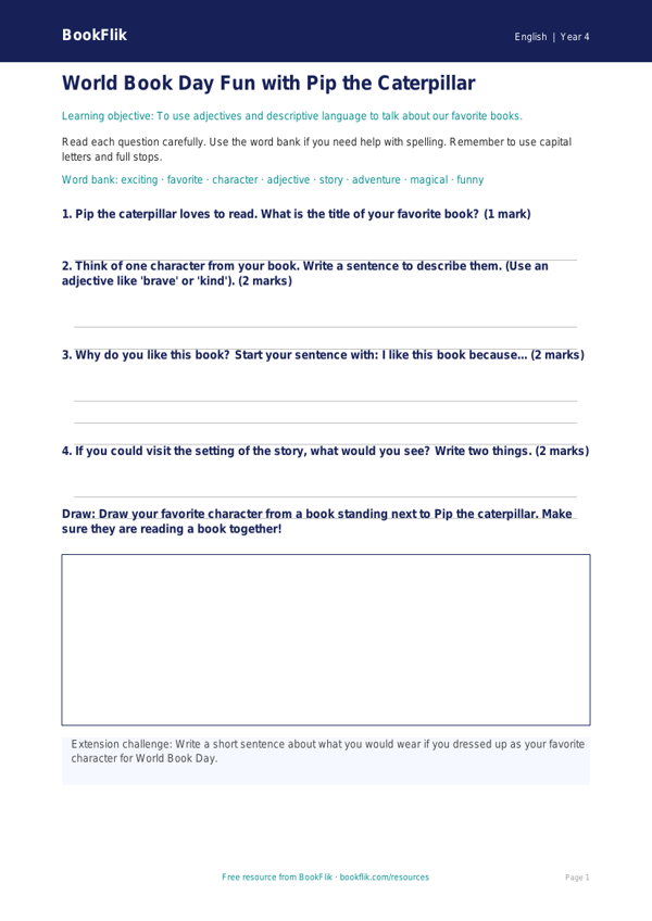 Free World Book Day Worksheet | Grade 3 | ELA | BookFlik worksheet preview — English World Book Day
