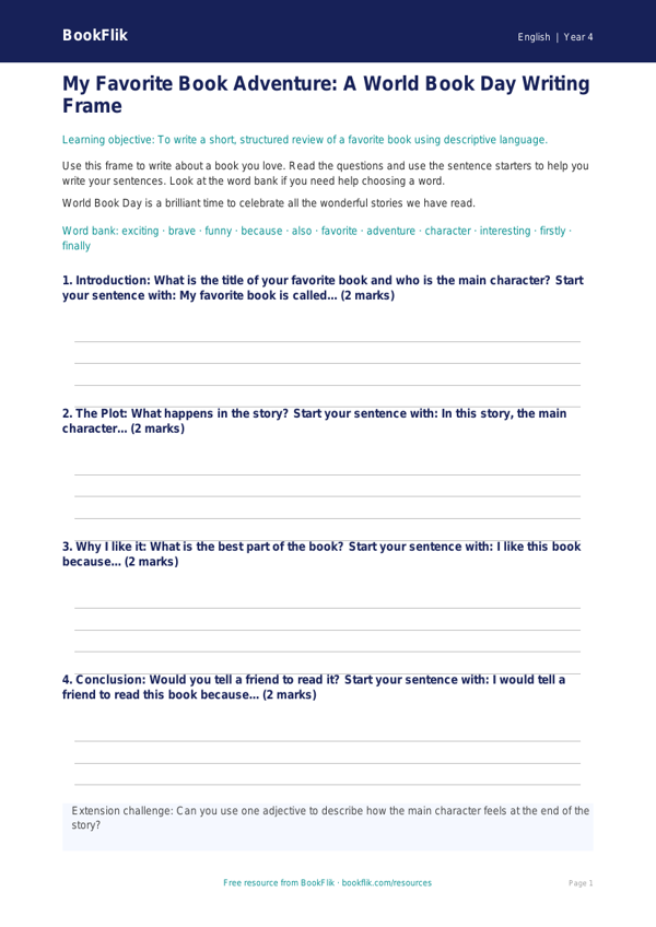 Free World Book Day Writing Frame | Grade 3 | ELA | BookFlik worksheet preview — English World Book Day
