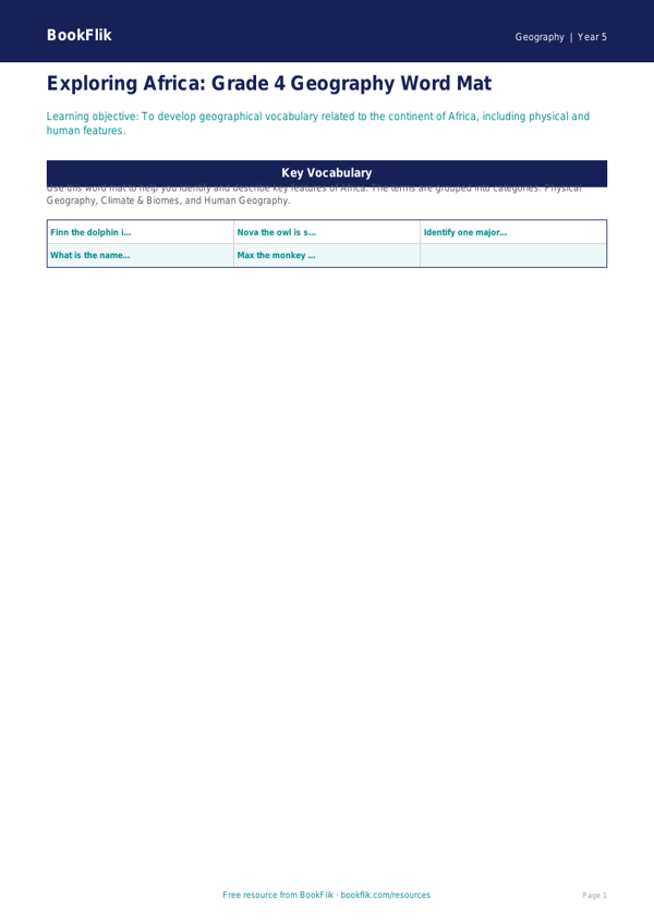 Free Africa Word Mat | Grade 4 | Geography | BookFlik worksheet preview — Geography Africa