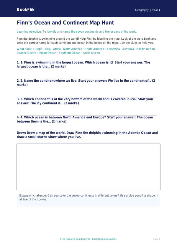 Free Continents And Oceans Activity Sheet | Grade 3 | Geography | BookFlik worksheet preview — Geography Continents And Oceans