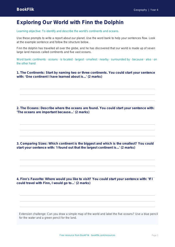Free Continents And Oceans Writing Frame | Grade 3 | Geography | BookFlik worksheet preview — Geography Continents And Oceans