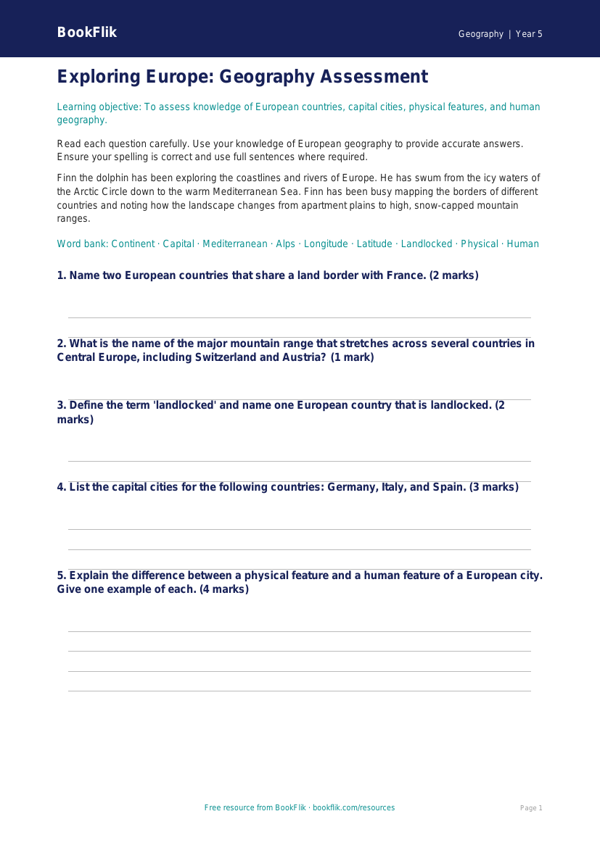 Free Europe Assessment | Grade 4 | Geography | BookFlik worksheet preview — Geography Europe
