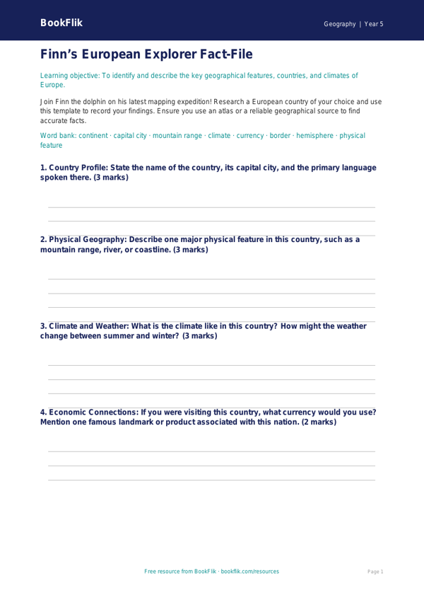 Europe Geography Worksheet for Grade 4 | BookFlik worksheet preview — Geography Europe