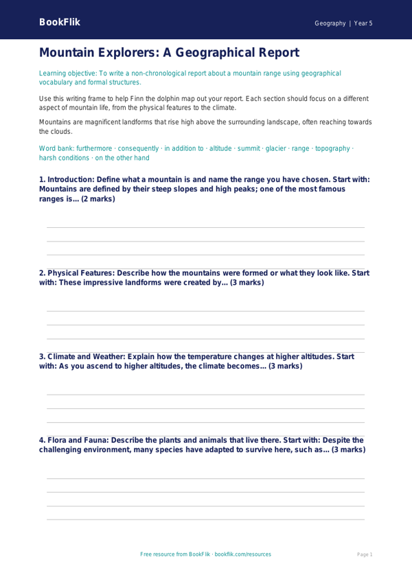 Free Mountains Writing Frame | Grade 4 | Geography | BookFlik worksheet preview — Geography Mountains