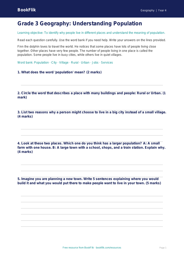 Free Population Assessment | Grade 3 | Geography | BookFlik worksheet preview — Geography Population