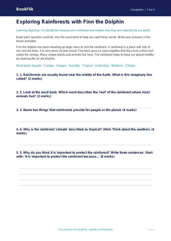 Free Rainforests Assessment | Grade 3 | Geography | BookFlik worksheet preview — Geography Rainforests