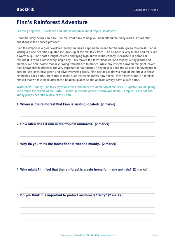 Free Rainforests Comprehension | Grade 3 | Geography | BookFlik worksheet preview — Geography Rainforests