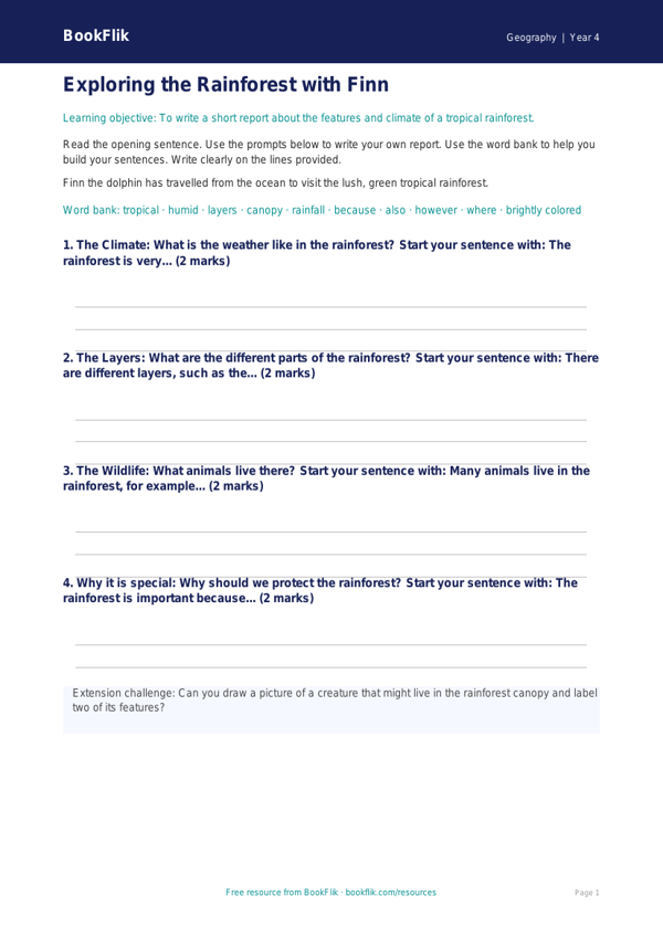 Free Rainforests Writing Frame | Grade 3 | Geography | BookFlik worksheet preview — Geography Rainforests