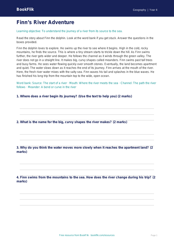 Free Rivers Comprehension | Grade 3 | Geography | BookFlik worksheet preview — Geography Rivers