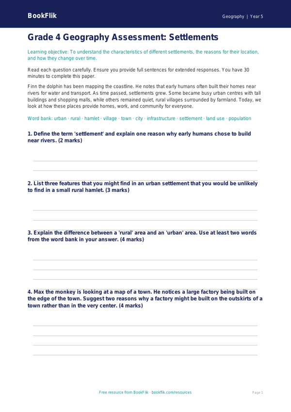 Free Settlements Assessment | Grade 4 | Geography | BookFlik worksheet preview — Geography Settlements