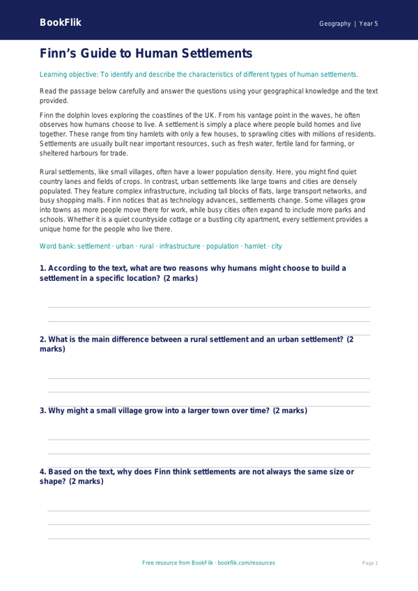 Free Settlements Comprehension | Grade 4 | Geography | BookFlik worksheet preview — Geography Settlements