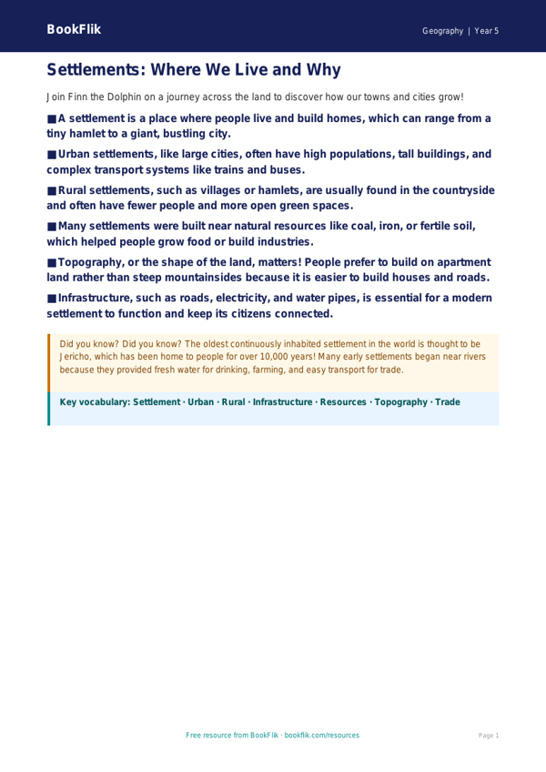 Free Settlements Poster | Grade 4 | Geography | BookFlik worksheet preview — Geography Settlements