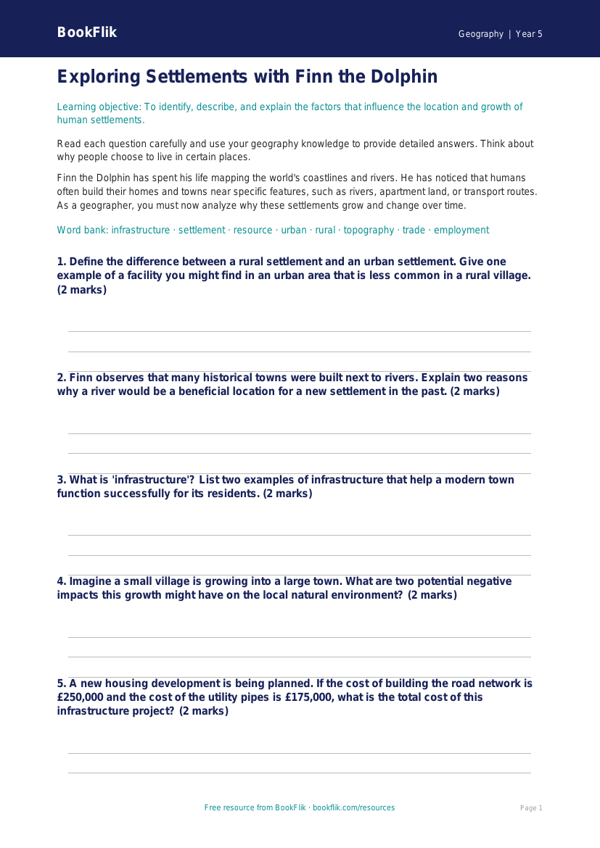 Free Settlements Worksheet | Grade 4 | Geography | BookFlik worksheet preview — Geography Settlements