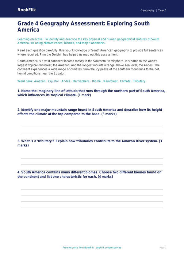 Free South America Assessment | Grade 4 | Geography | BookFlik worksheet preview — Geography South America