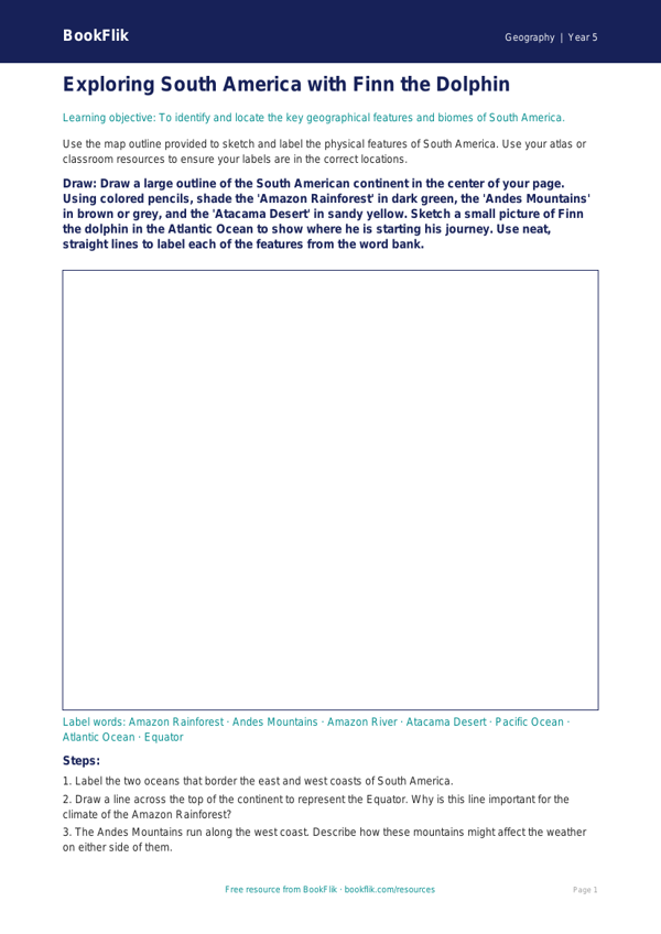 Free South America Drawing Sheet | Grade 4 | Geography | BookFlik worksheet preview — Geography South America