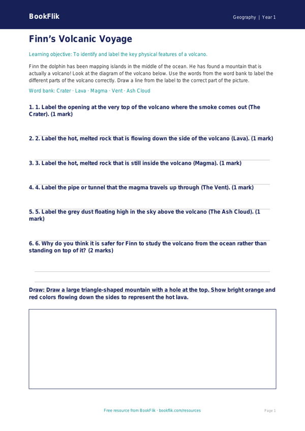 Free Volcanoes Activity Sheet | Kindergarten | Geography | BookFlik worksheet preview — Geography Volcanoes