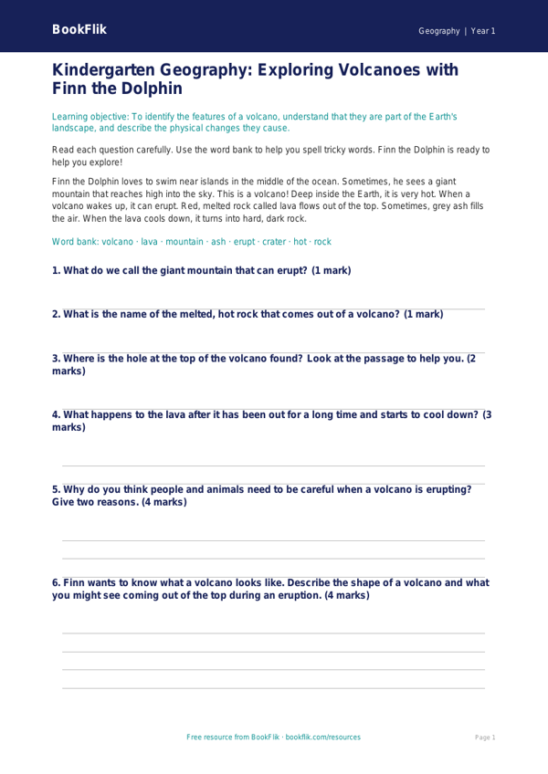 Free Volcanoes Assessment | Kindergarten | Geography | BookFlik worksheet preview — Geography Volcanoes