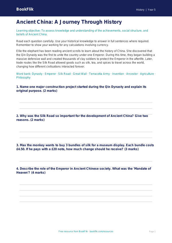 Free Ancient China Assessment | Grade 4 | History | BookFlik worksheet preview — History Ancient China