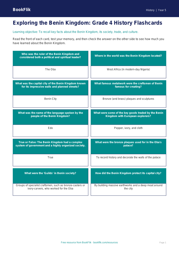 Free Benin Kingdom Flashcards | Grade 4 | History | BookFlik worksheet preview — History Benin Kingdom