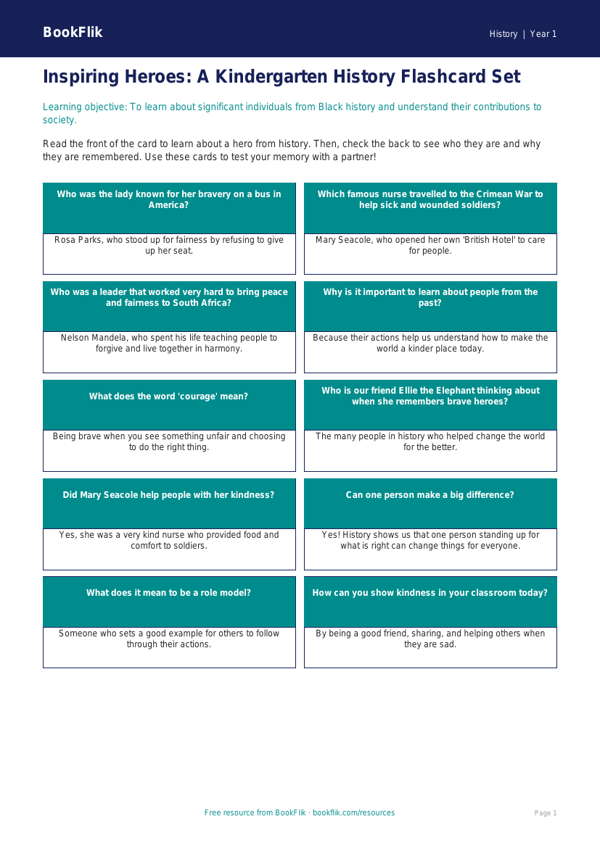 Free Black History Flashcards | Kindergarten | History | BookFlik worksheet preview — History Black History