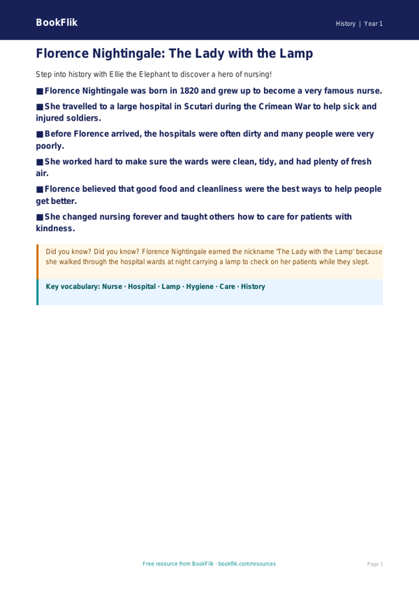 Free Florence Nightingale Poster | Kindergarten | History | BookFlik worksheet preview — History Florence Nightingale