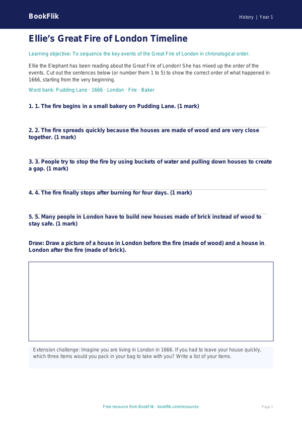 Great Fire of London Activity Sheet for Kindergarten | BookFlik worksheet preview — History Great Fire Of London