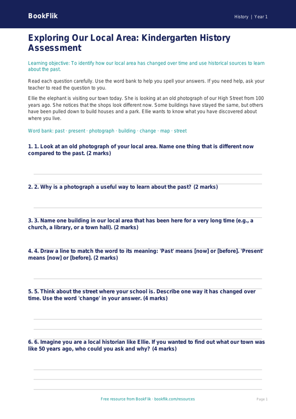 Free Local History Assessment | Kindergarten | History | BookFlik worksheet preview — History Local History