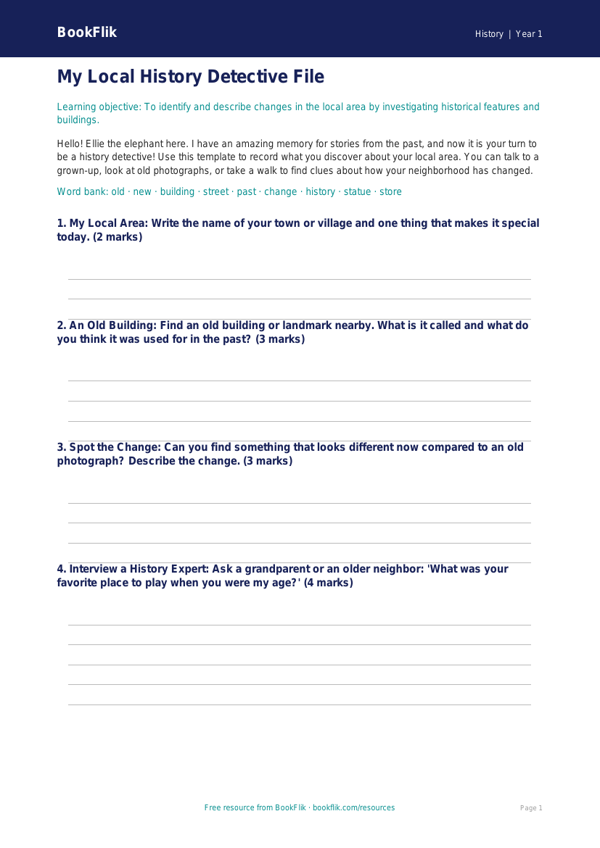 Free Local History Template | Kindergarten | History | BookFlik worksheet preview — History Local History