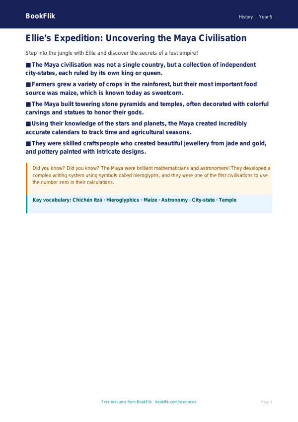 Free Maya Civilisation Poster | Grade 4 | History | BookFlik worksheet preview — History Maya Civilisation