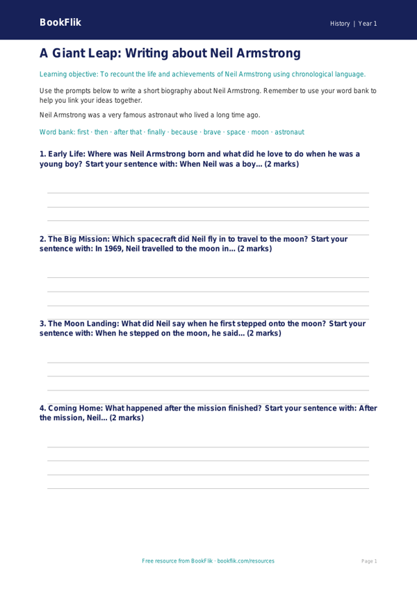 Free Neil Armstrong Writing Frame | Kindergarten | History | BookFlik worksheet preview — History Neil Armstrong