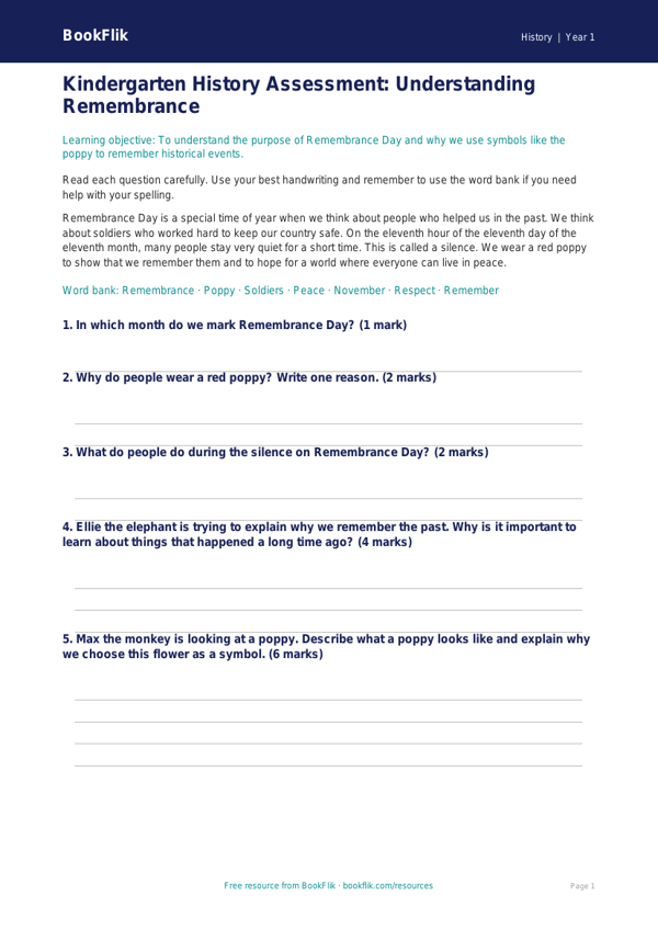 Free Remembrance Day Assessment | Kindergarten | History | BookFlik worksheet preview — History Remembrance Day